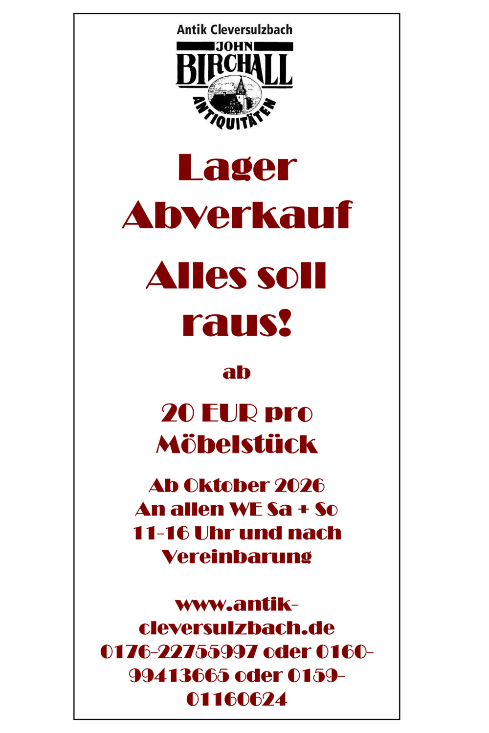 Lagerabverkauf bei Antik Cleversulzbach: Alles soll raus, ab 20 EUR pro Möbelstück, ab Oktober 2026